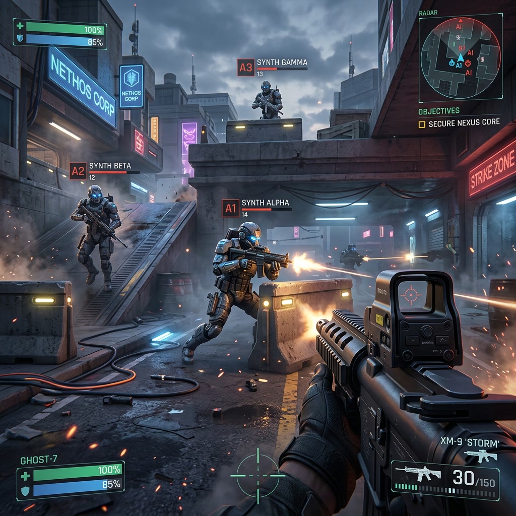 Futuristic First-Person Shooter Combat Scene