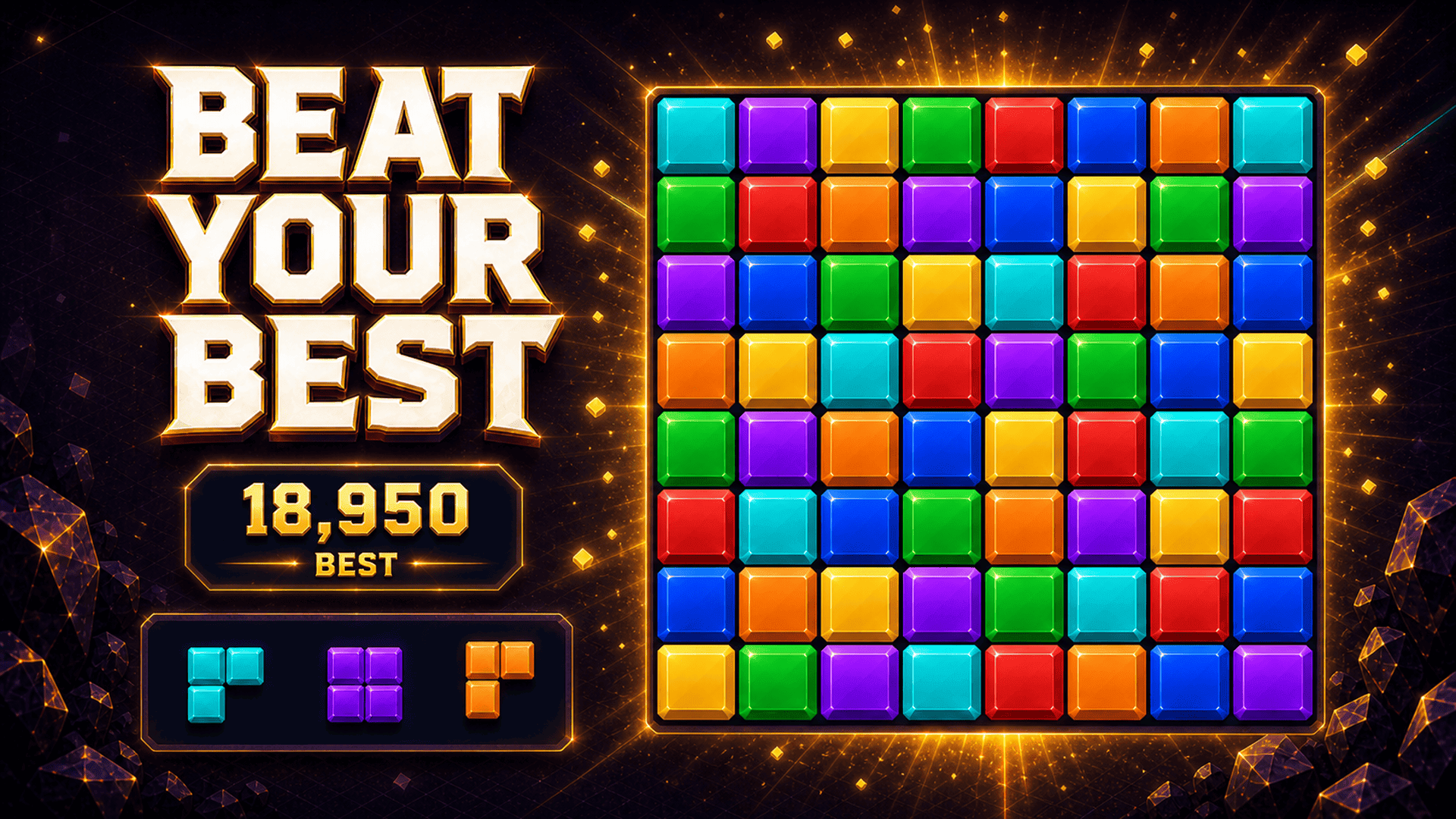 A colorful Block Burst board with a golden line clear and a best score of 18,950.