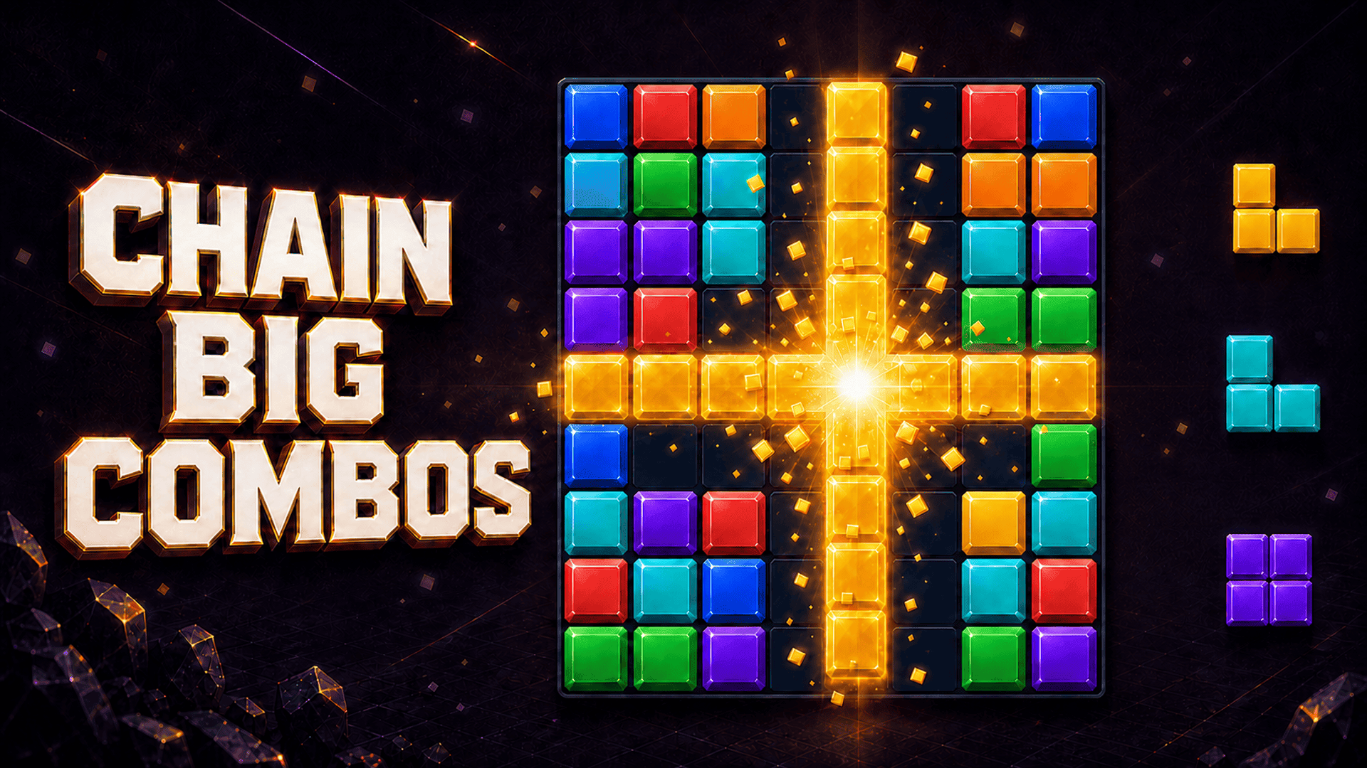 A Block Burst board erupting in a bright cross-shaped combo clear.