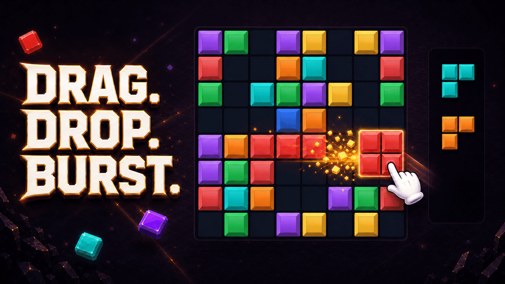 A Block Burst board with a hand dragging a red piece toward a glowing row clear.