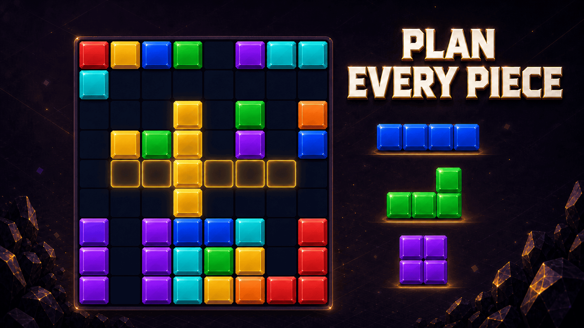 A Block Burst puzzle board highlighting open cells and the next three pieces to place.