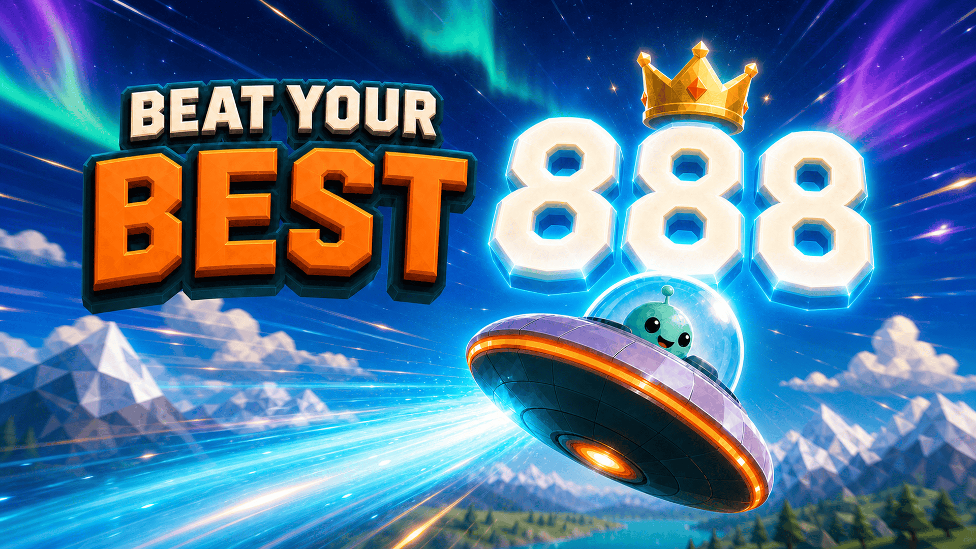 The tiny UFO racing beneath a crown and a glowing high score of 888.