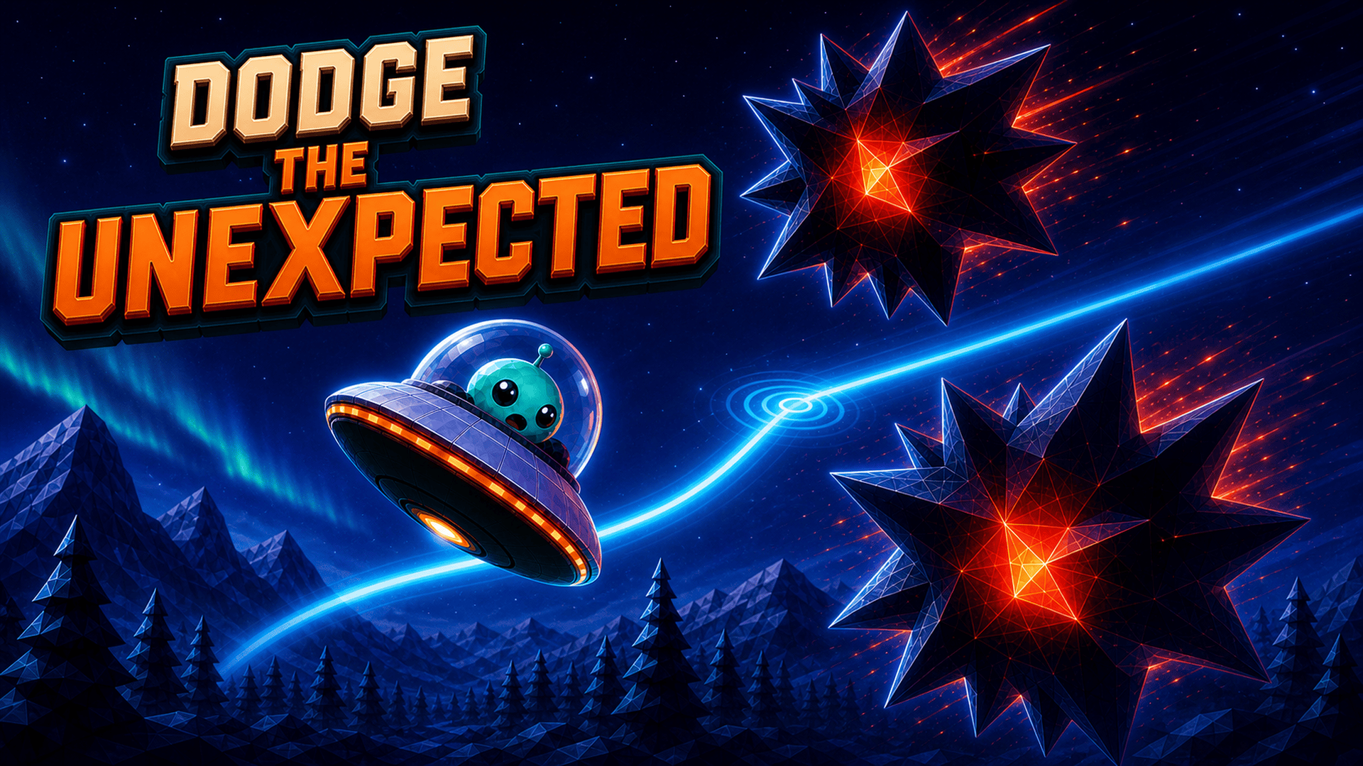 Flighty Saucer dodging glowing red crystal hazards above a moonlit forest.