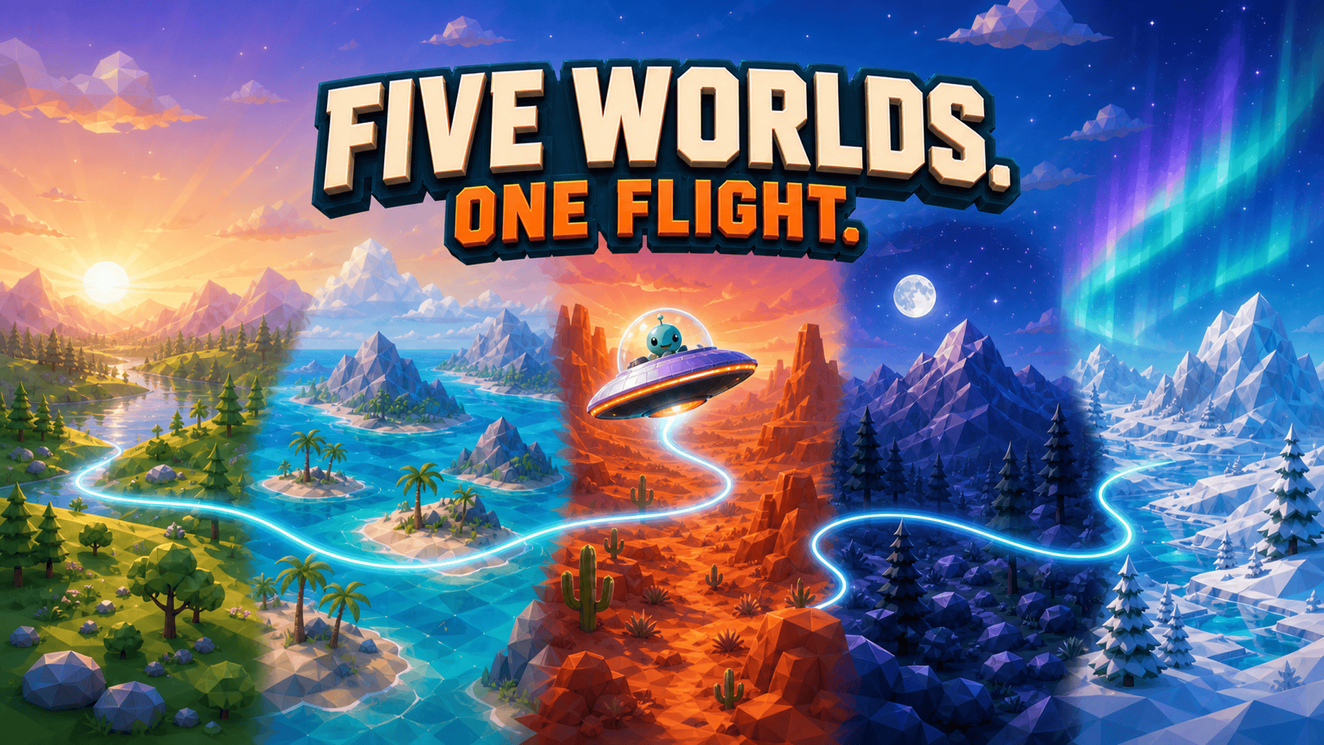 A flying saucer route crossing green valleys, tropical water, desert, forest, and snowy peaks.