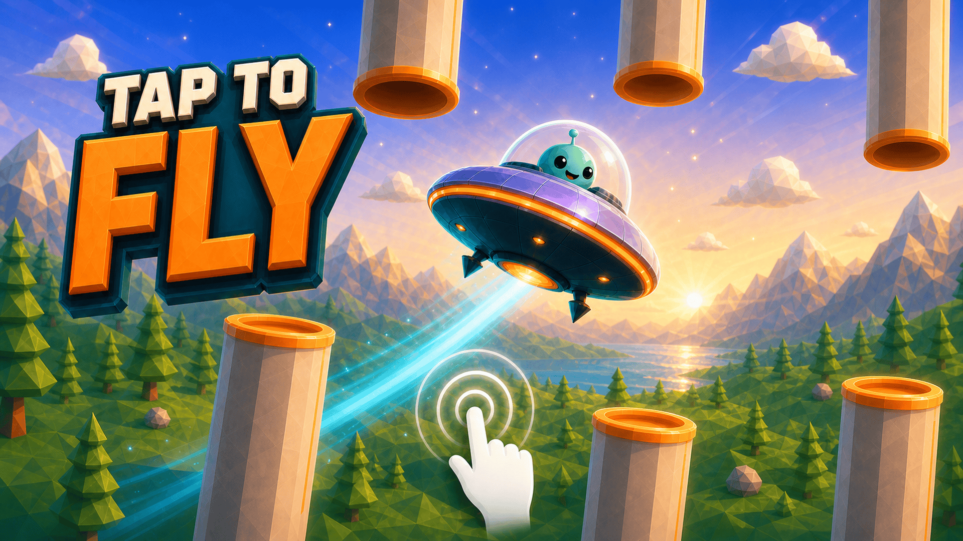 A tiny flying saucer weaving between tall stone monolith gates above a low-poly valley.