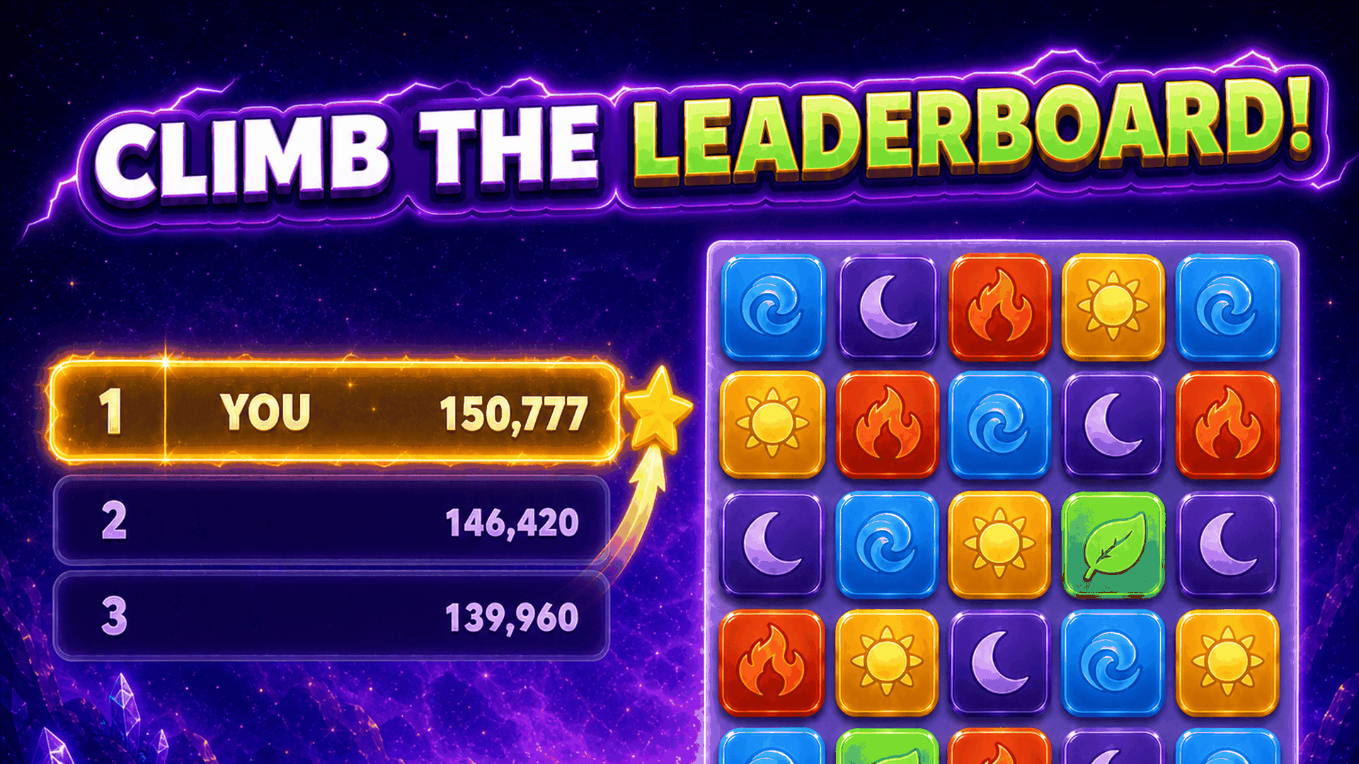 A Starfold leaderboard showing first place at 150,777 points beside the active sigil grid.