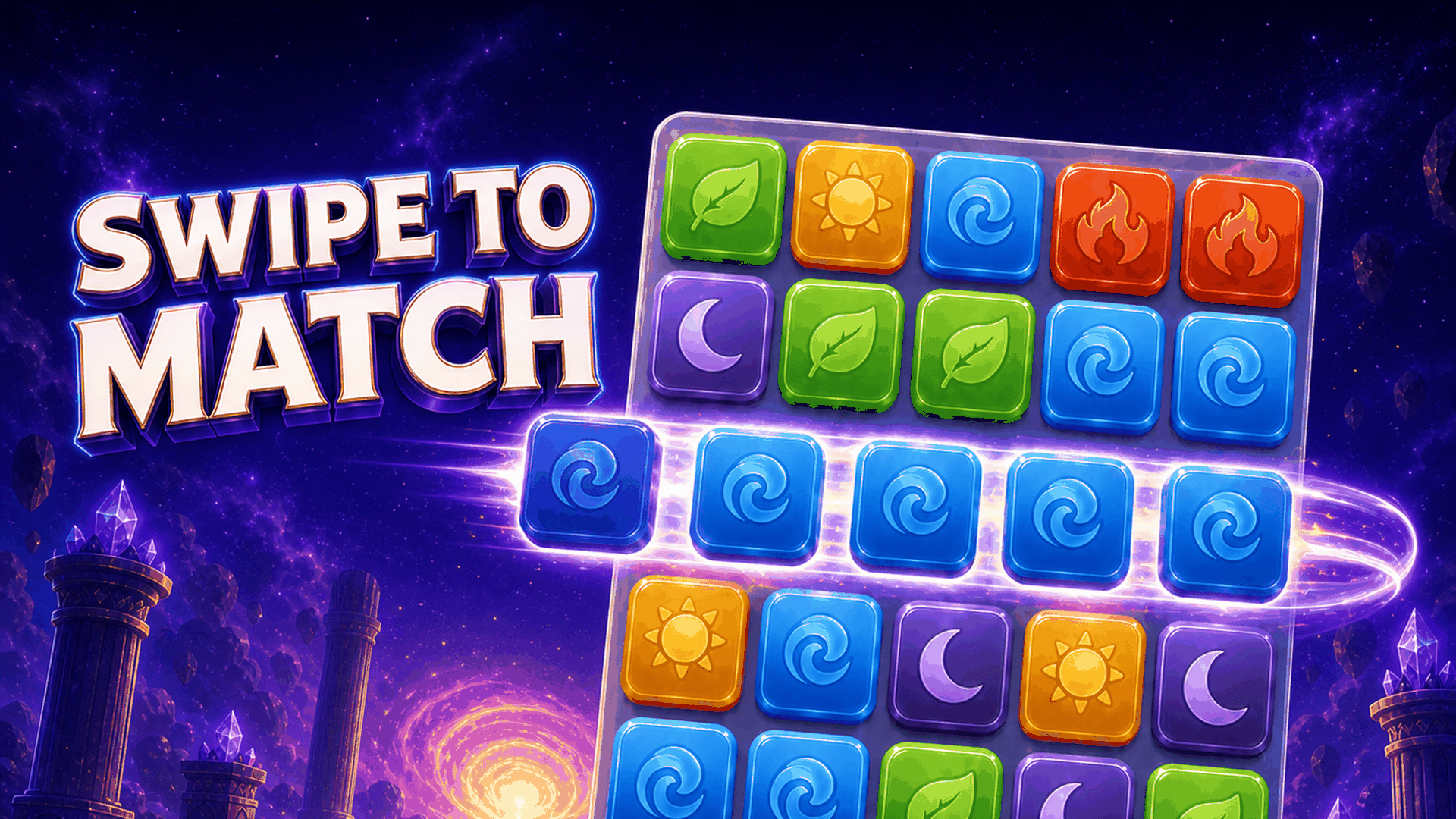 A Starfold board of colorful elemental sigils with an entire row sliding sideways.