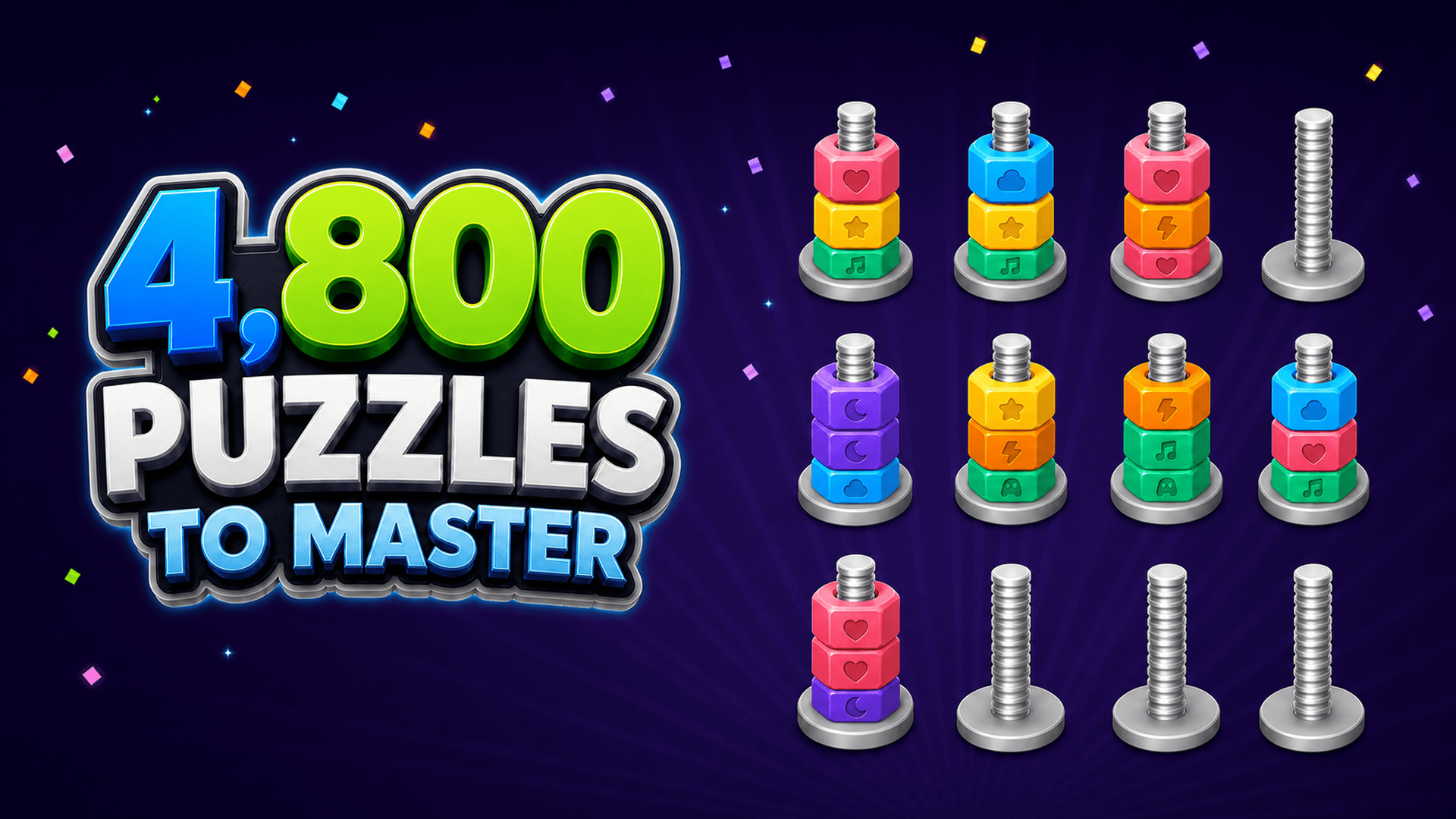 Several colorful Nuts and Bolts boards beneath the words 4,800 Puzzles to Master.