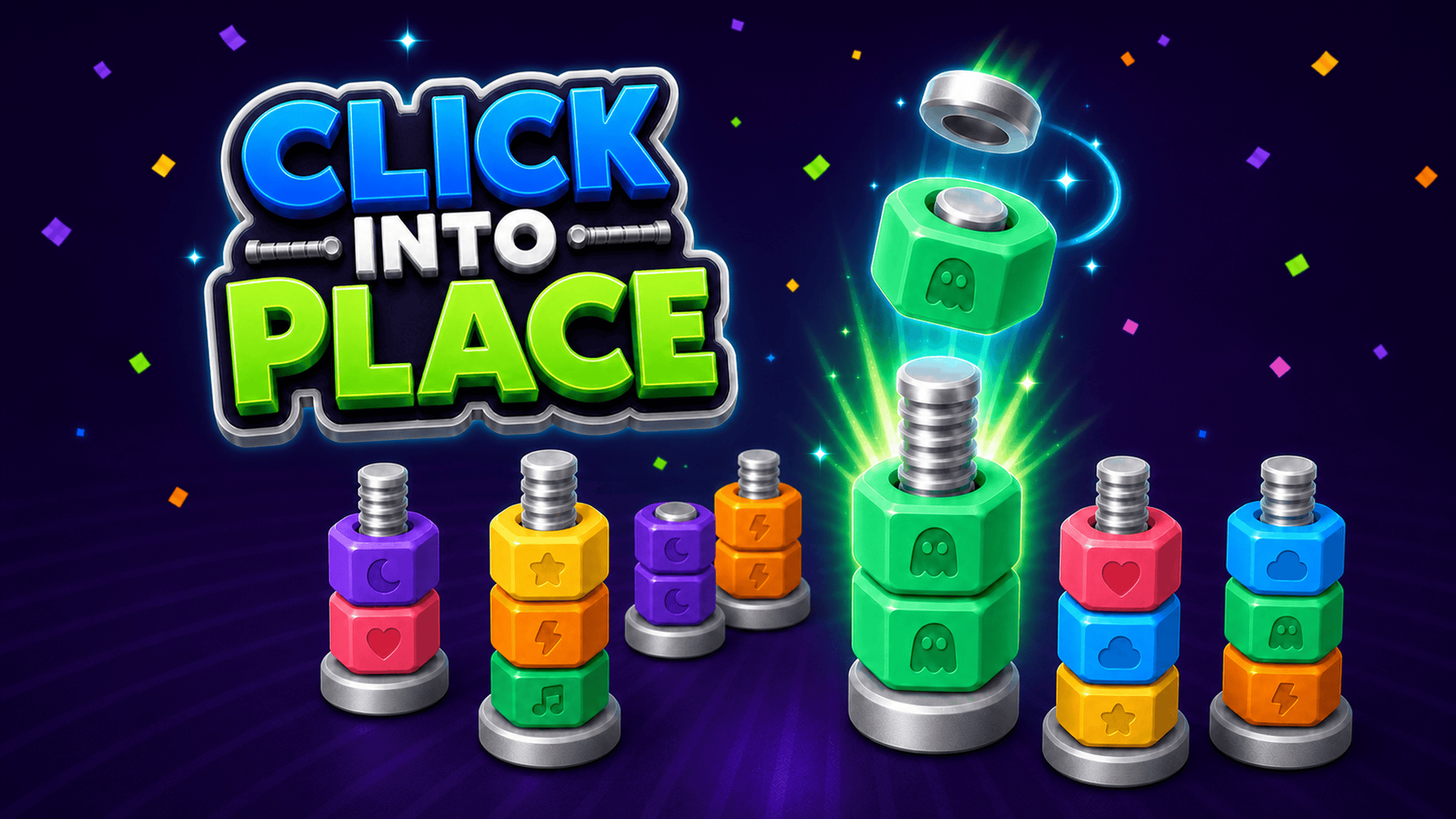Green symbol nuts glowing as they complete a matching screw stack and receive a metal cap.