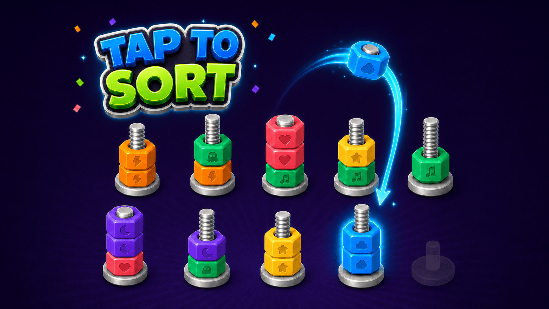 Colorful symbol nuts stacked on screws with one nut following a glowing arc to an empty screw.