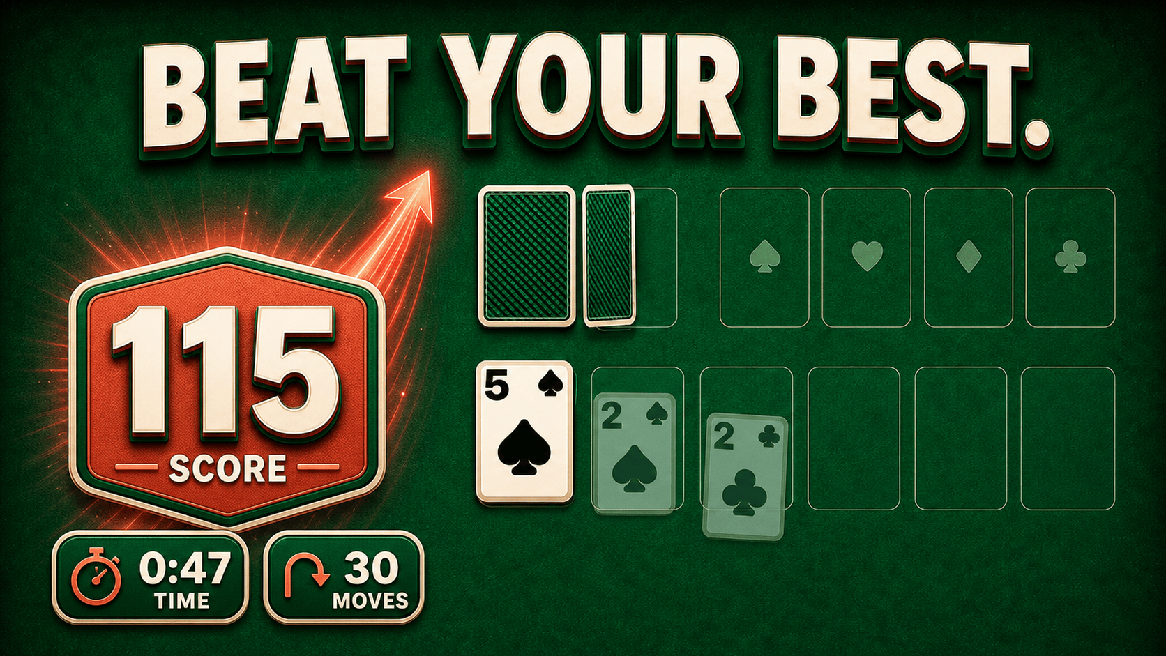 A nearly completed Solitaire game showing a score of 115, a 47-second time, and 30 moves.