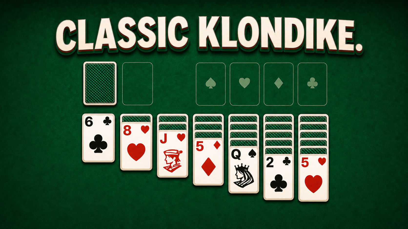 A classic Klondike Solitaire tableau arranged on green felt with stock, waste, and four foundations.