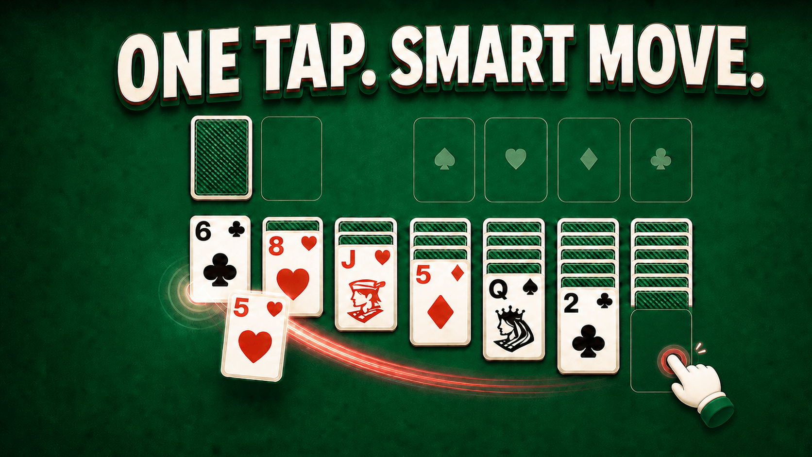 A hand tapping a Solitaire card as a glowing trail carries it to its strongest legal destination.