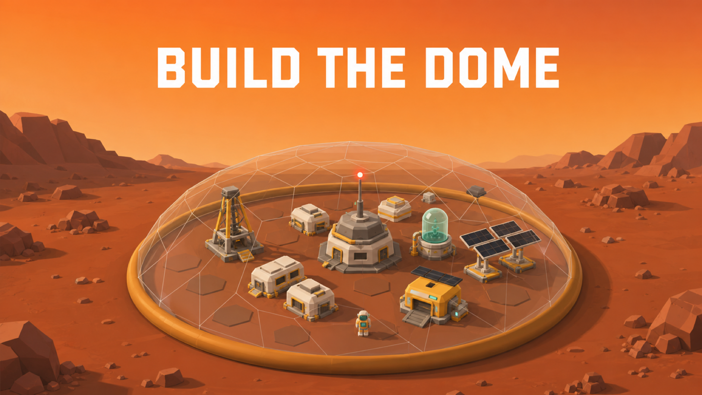 Low-poly Mars colony inside a translucent dome with solar arrays, command hub, oxygen reactor, ore rig, habitats and a droid bay.