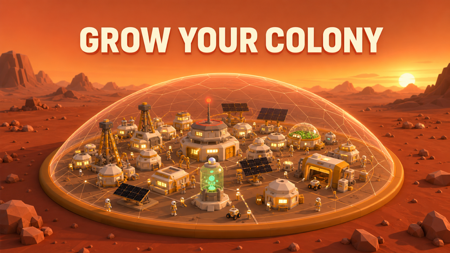 A thriving lit Mars colony at dusk with astronaut colonists and rover droids under a glowing dome.