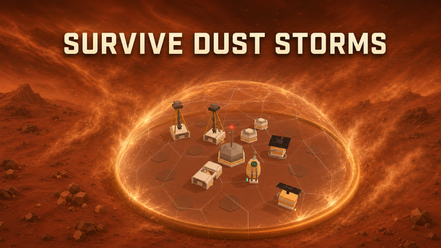 A Mars dome colony battered by a swirling ochre dust storm with the shell glowing under impact.
