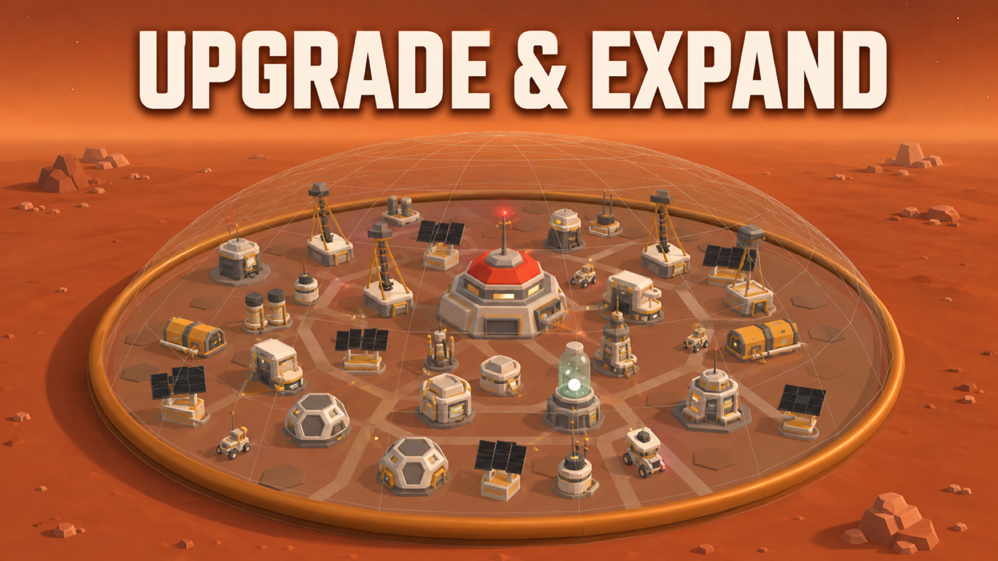 A larger dome covering two rings of hex plots packed with upgraded structures and rover droids.