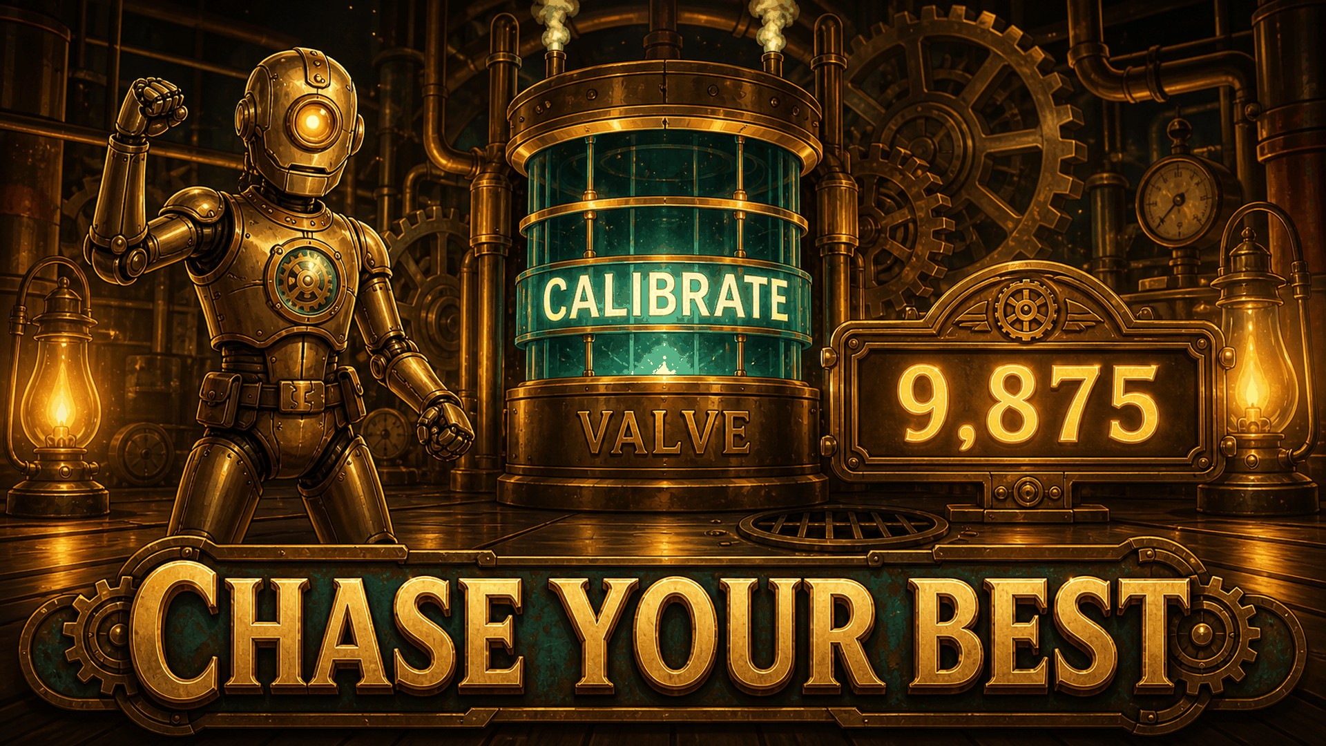 The automaton stands triumphant beside a glowing engraved brass score readout.