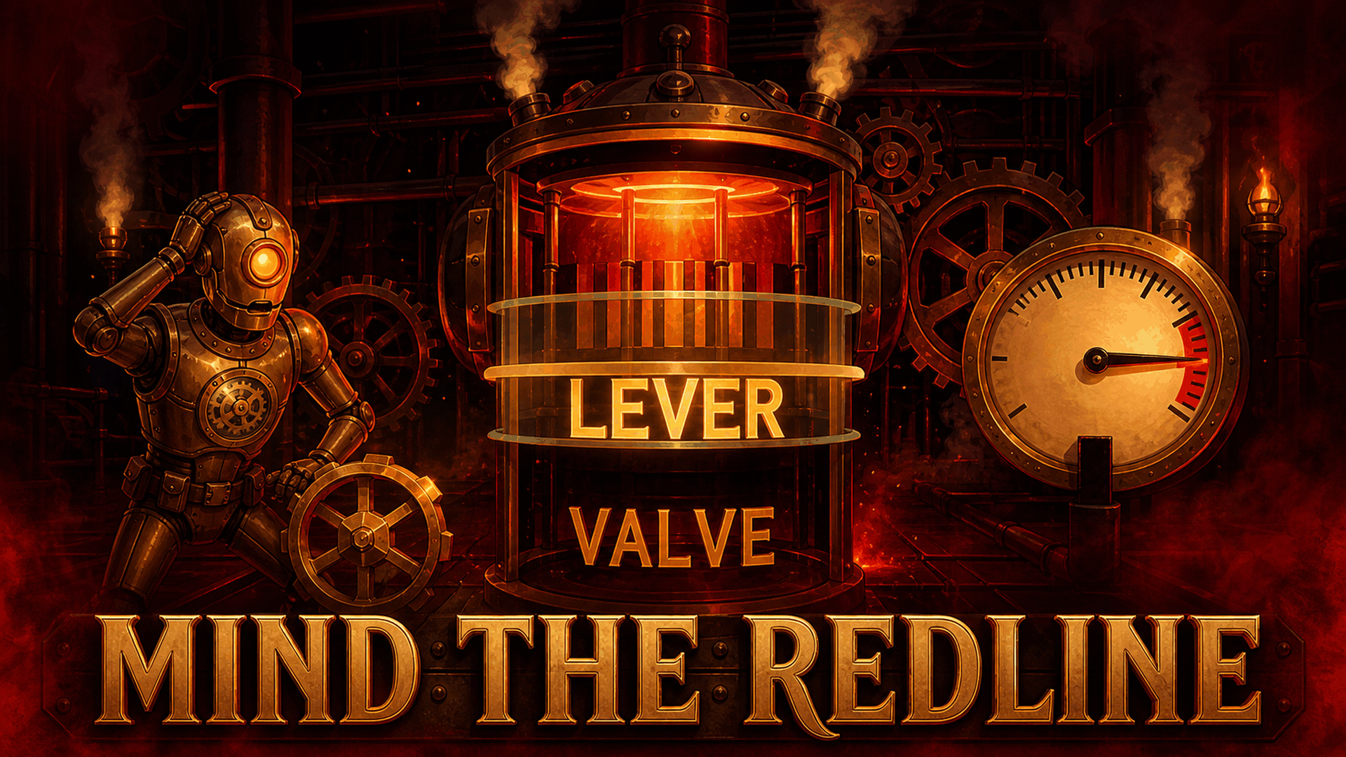 The engine hall glows hot red as the pressure needle climbs toward the redline.