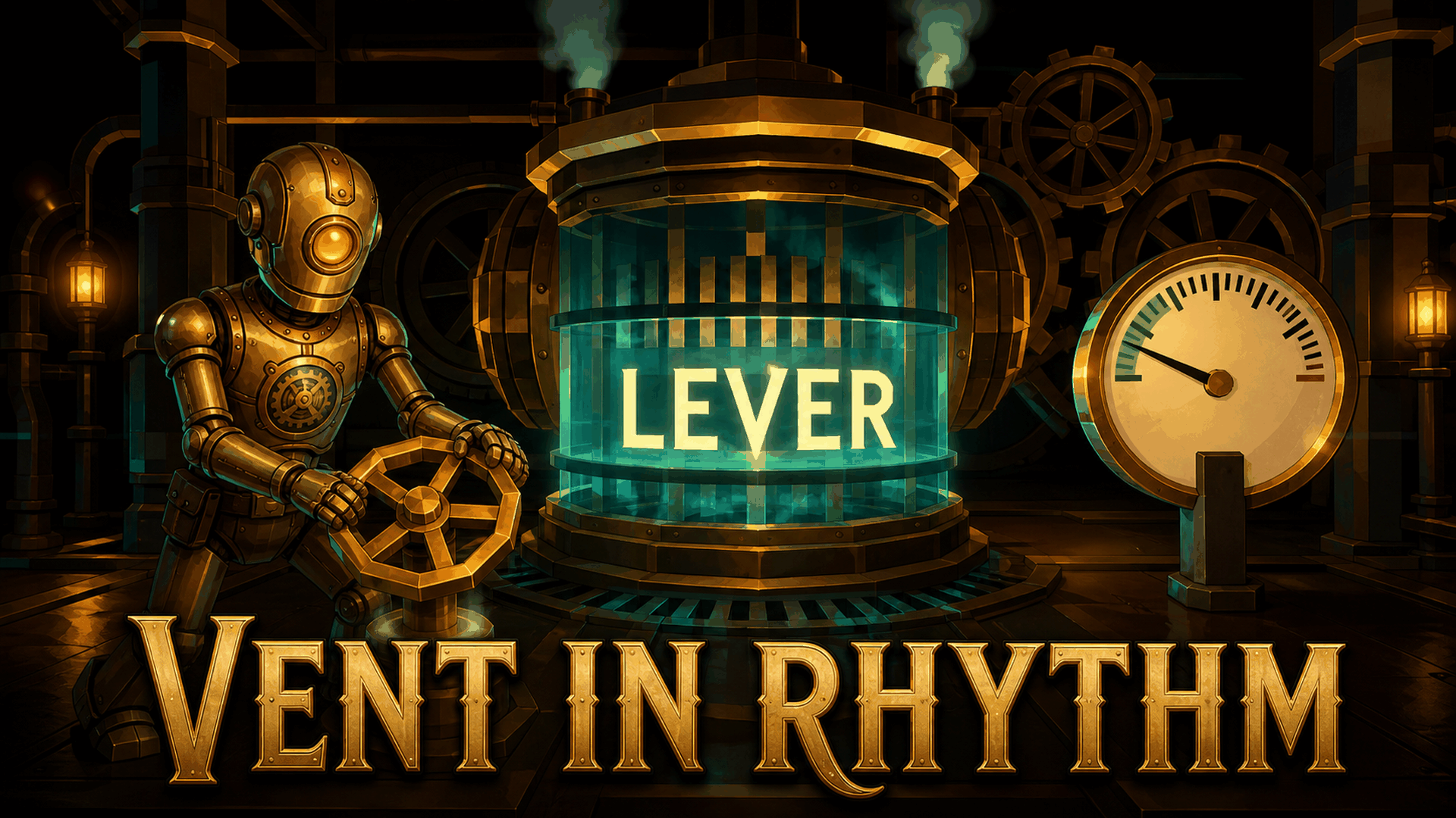 A brass single-eyed automaton cranks the relief valve as a command word glows in the valve band, pressure gauge in the green.